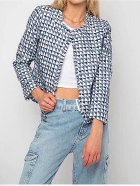 CENTRAL PARK WEST Ramona Double Breasted Navy/White Fringe Trim Tweed Jacket - S